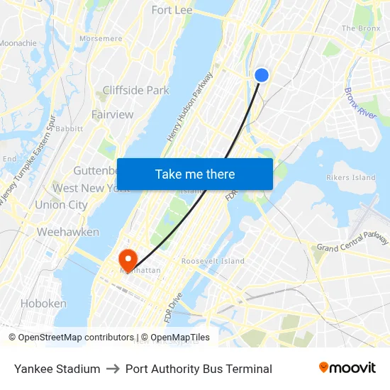 Yankee Stadium to Port Authority Bus Terminal map