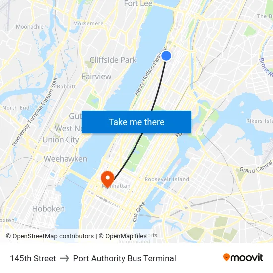 145th Street to Port Authority Bus Terminal map