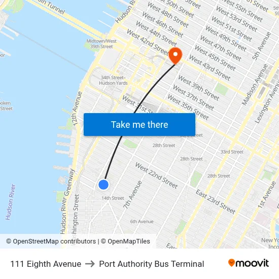 111 Eighth Avenue to Port Authority Bus Terminal map