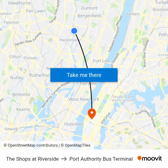 The Shops at Riverside to Port Authority Bus Terminal map