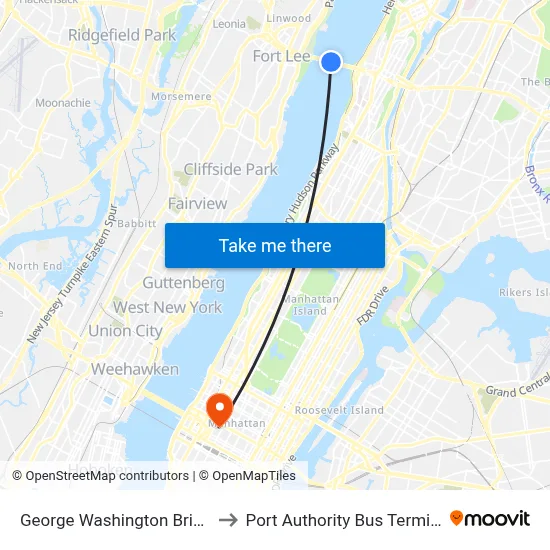 George Washington Bridge to Port Authority Bus Terminal map