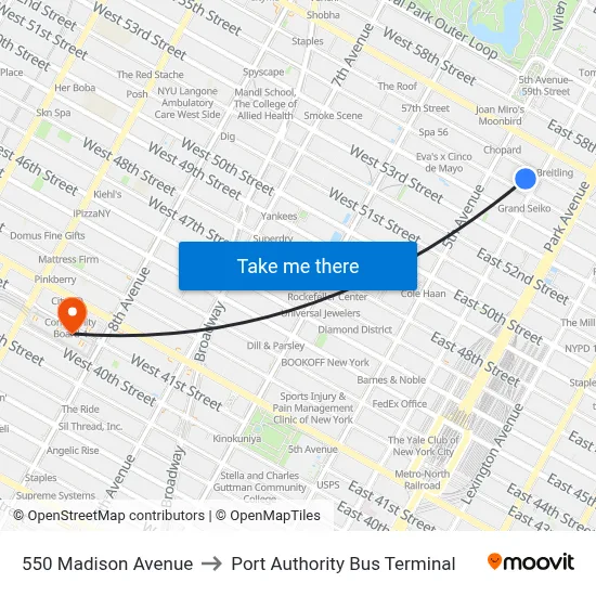 Sony Building to Port Authority Bus Terminal map