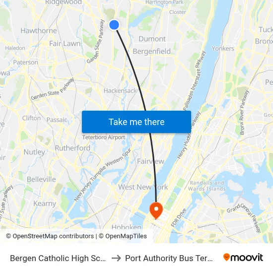 Bergen Catholic High School to Port Authority Bus Terminal map