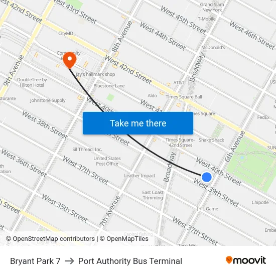 Bryant Park 7 to Port Authority Bus Terminal map