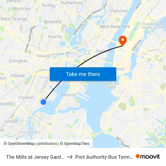 The Mills at Jersey Gardens to Port Authority Bus Terminal map