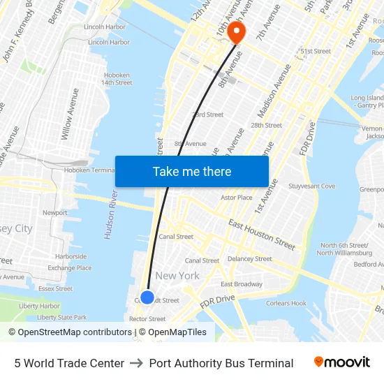 5 World Trade Center to Port Authority Bus Terminal map