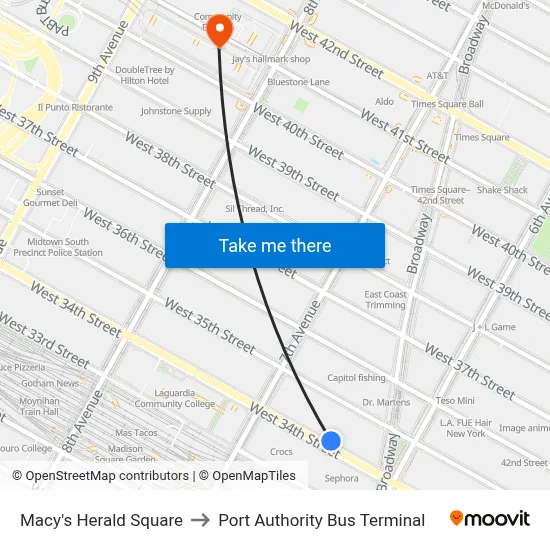 Macy's Herald Square to Port Authority Bus Terminal map