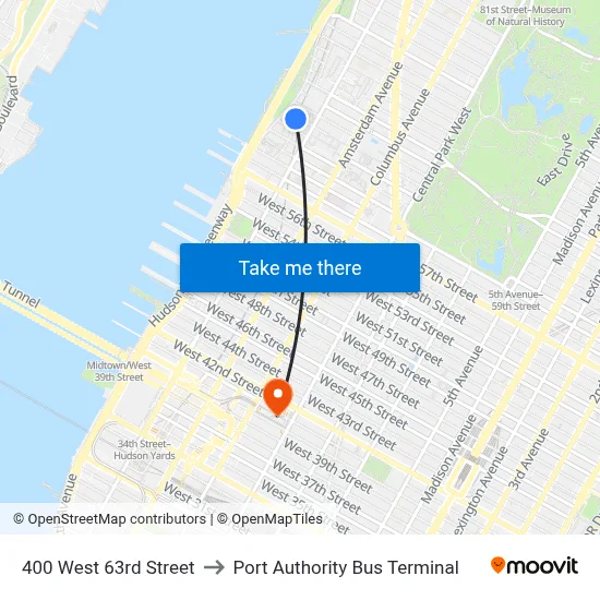 400 West 63rd Street to Port Authority Bus Terminal map