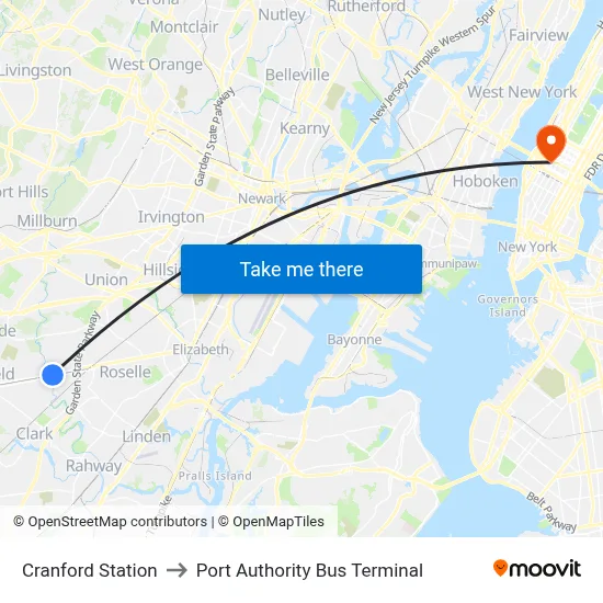 Cranford Station to Port Authority Bus Terminal map