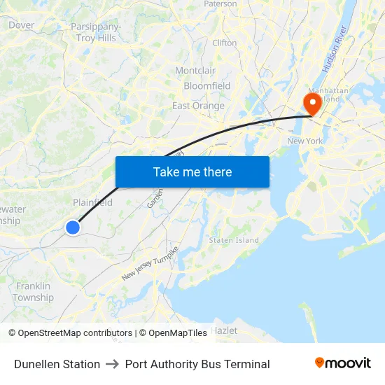 Dunellen Station to Port Authority Bus Terminal map