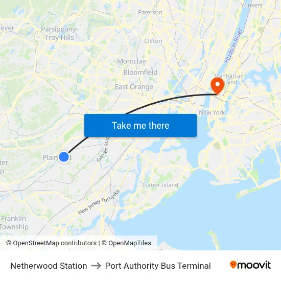 Netherwood Station to Port Authority Bus Terminal map