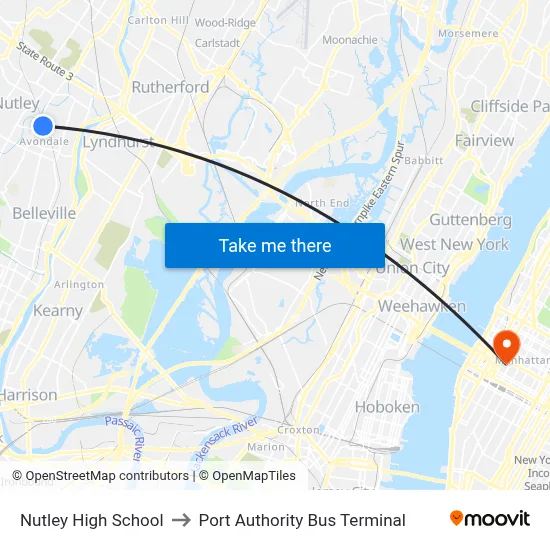 Nutley High School to Port Authority Bus Terminal map