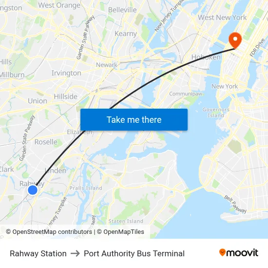 Rahway Station to Port Authority Bus Terminal map