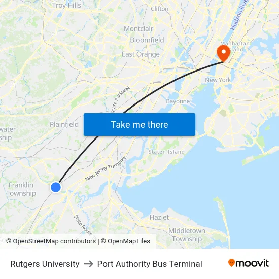Rutgers University to Port Authority Bus Terminal map
