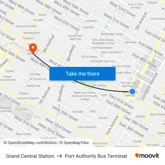 Grand Central Station to Port Authority Bus Terminal map