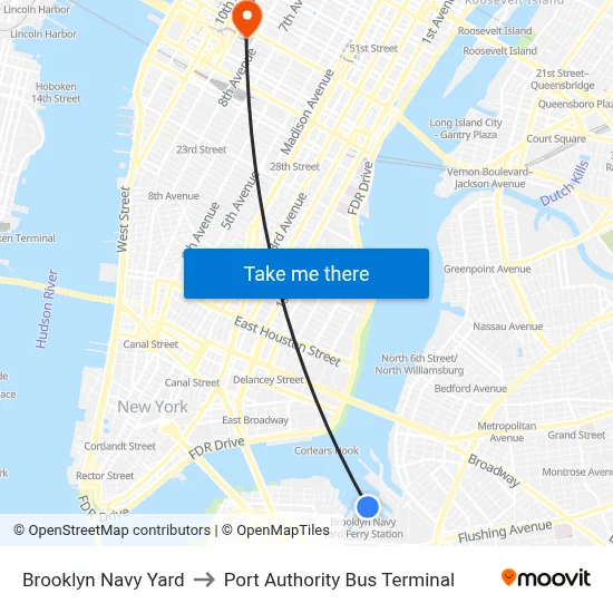 Brooklyn Navy Yard to Port Authority Bus Terminal map