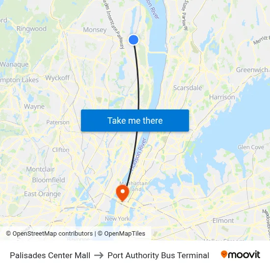 Palisades Center Mall to Port Authority Bus Terminal map