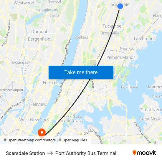 Scarsdale Station to Port Authority Bus Terminal map