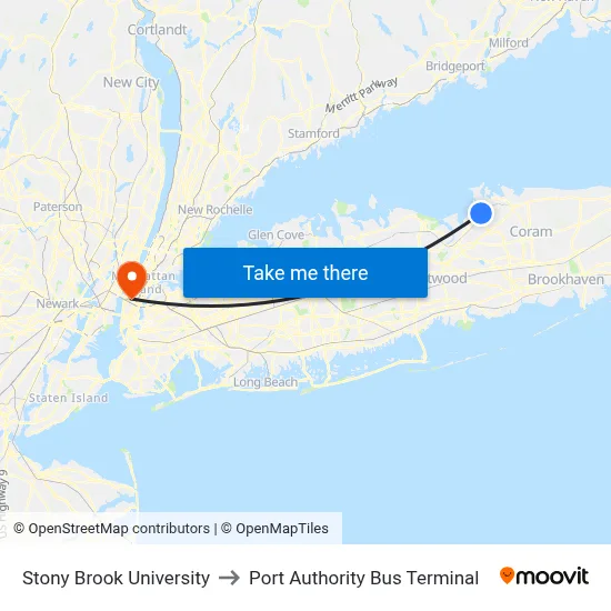 Stony Brook University to Port Authority Bus Terminal map