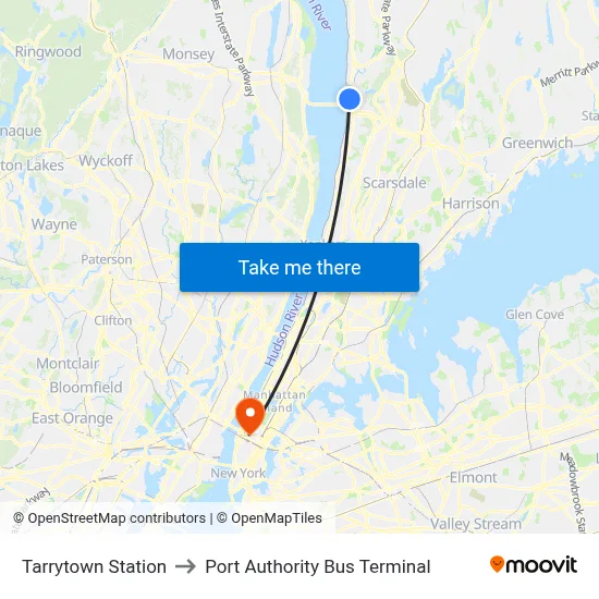 Tarrytown Station to Port Authority Bus Terminal map