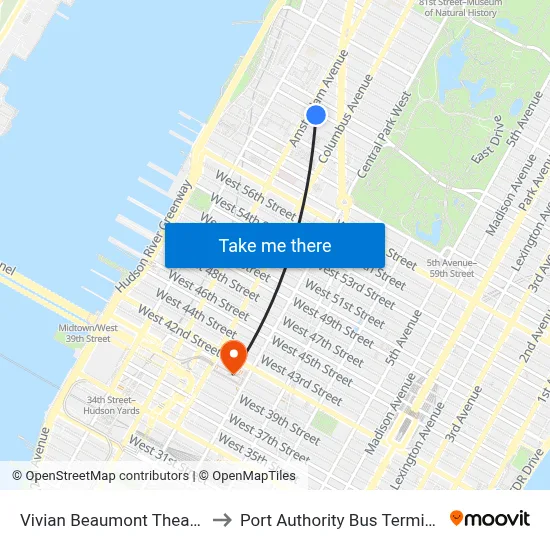 Vivian Beaumont Theater to Port Authority Bus Terminal map