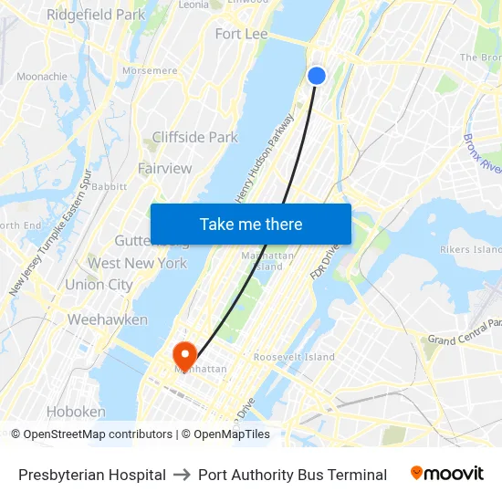 Presbyterian Hospital to Port Authority Bus Terminal map