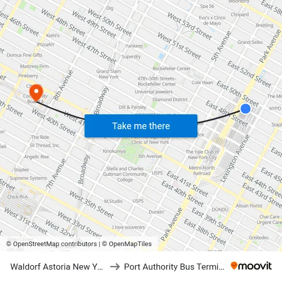 Waldorf Astoria New York to Port Authority Bus Terminal map