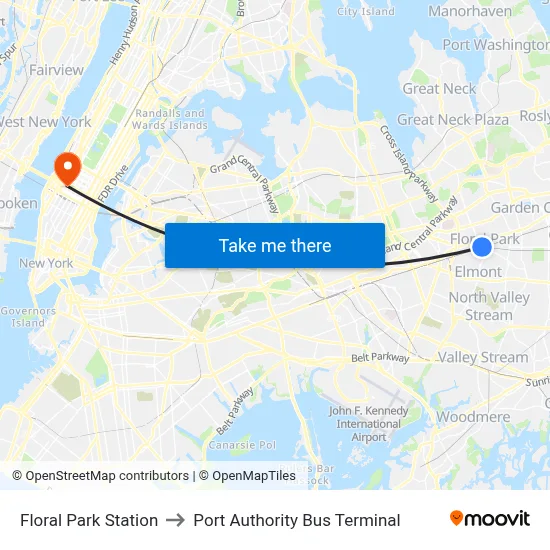 Floral Park Station to Port Authority Bus Terminal map