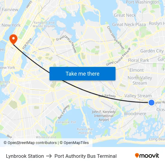 Lynbrook Station to Port Authority Bus Terminal map