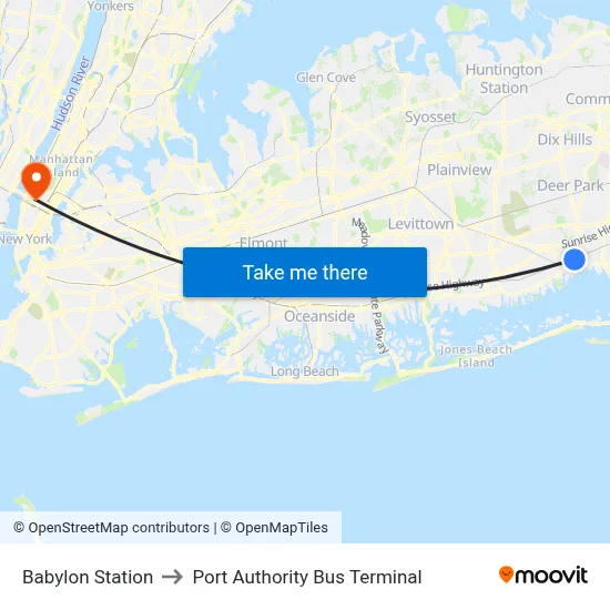 Babylon Station to Port Authority Bus Terminal map