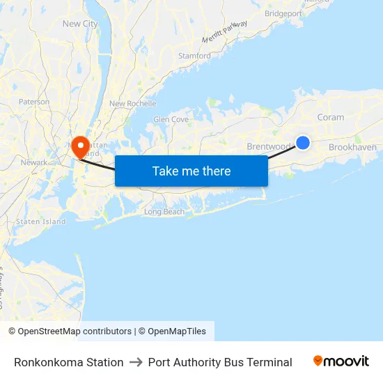 Ronkonkoma Station to Port Authority Bus Terminal map