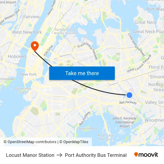 Locust Manor Station to Port Authority Bus Terminal map