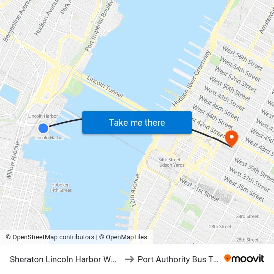 Sheraton Lincoln Harbor Weehawken to Port Authority Bus Terminal map
