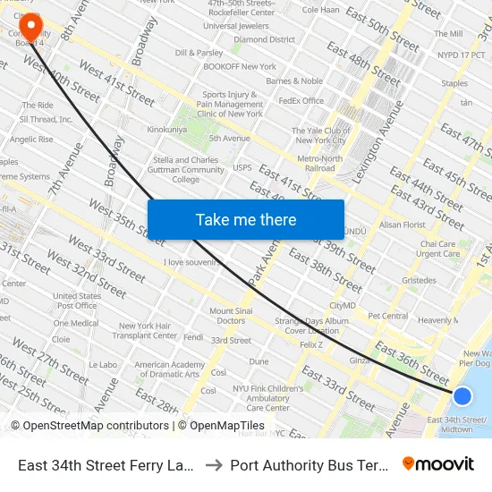 East 34th Street Ferry Landing to Port Authority Bus Terminal map