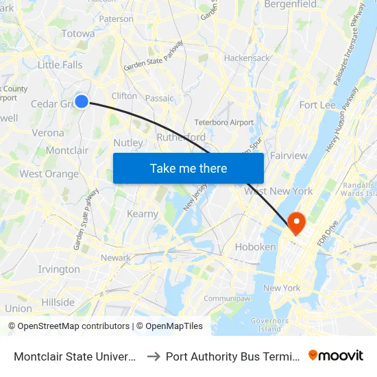 Montclair State University to Port Authority Bus Terminal map