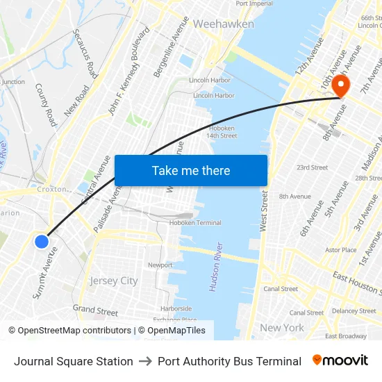 Journal Square Station to Port Authority Bus Terminal map