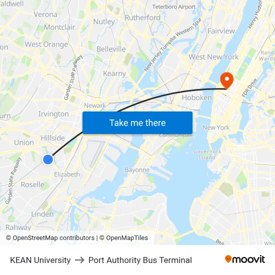 KEAN University to Port Authority Bus Terminal map