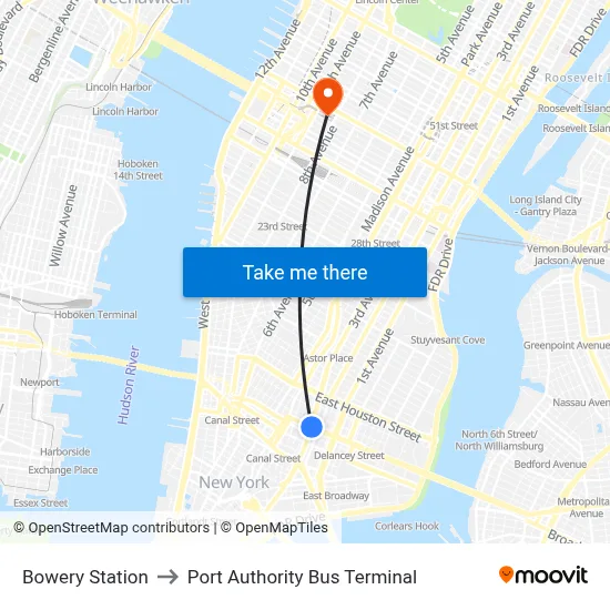Bowery Station to Port Authority Bus Terminal map