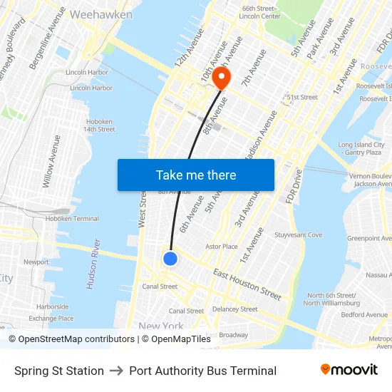Spring St Station to Port Authority Bus Terminal map