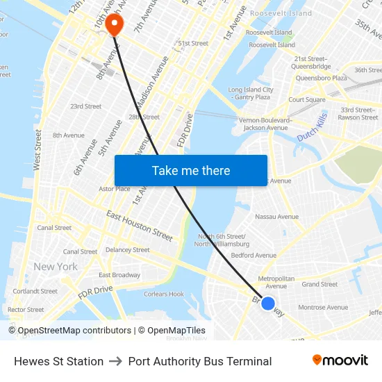 Hewes St Station to Port Authority Bus Terminal map