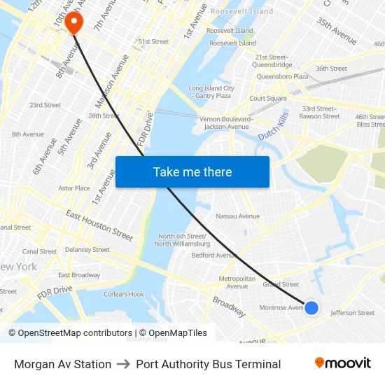 Morgan Av Station to Port Authority Bus Terminal map