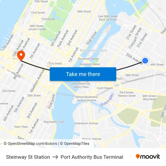 Steinway St Station to Port Authority Bus Terminal map