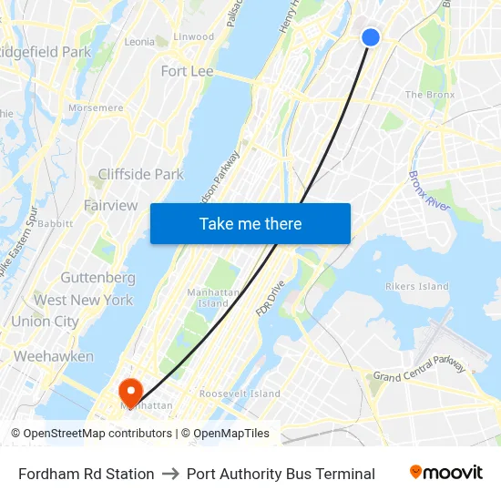 Fordham Rd Station to Port Authority Bus Terminal map