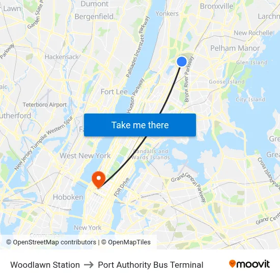 Woodlawn Station to Port Authority Bus Terminal map