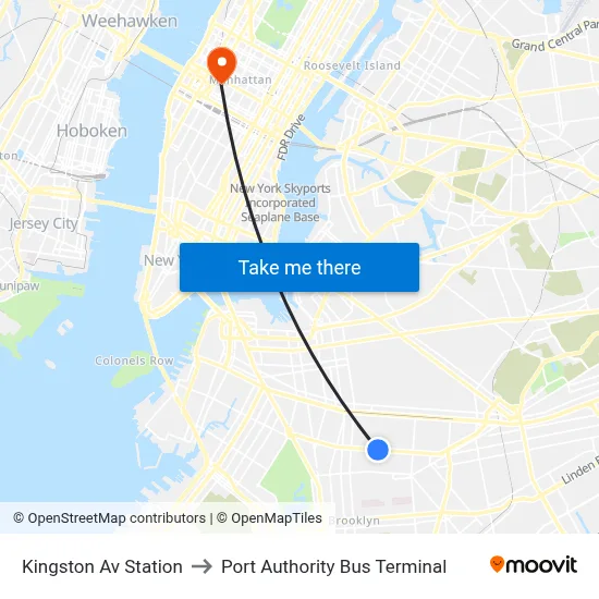 Kingston Av Station to Port Authority Bus Terminal map