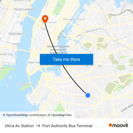 Utica Av Station to Port Authority Bus Terminal map