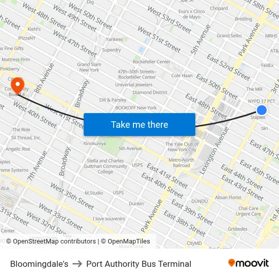 Bloomingdale's to Port Authority Bus Terminal map