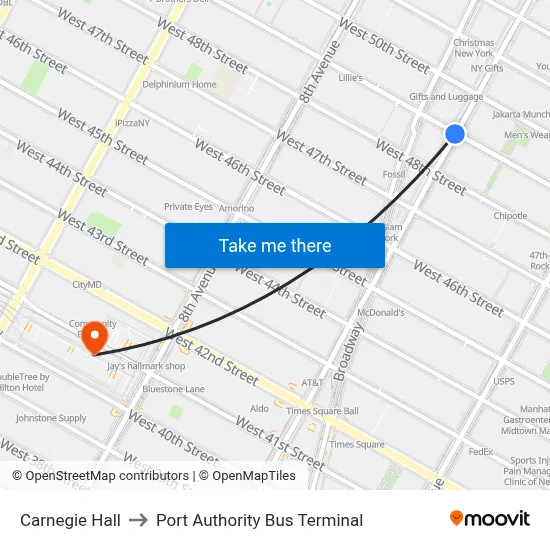 Carnegie Hall to Port Authority Bus Terminal map