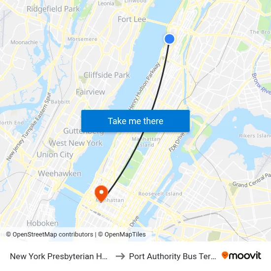 New York Presbyterian Hospital to Port Authority Bus Terminal map