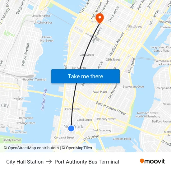 City Hall Station to Port Authority Bus Terminal map